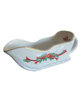 Poinsettia & Ribbons by Fairfield Fine China Sleigh Gravy Boat with Gold Trim